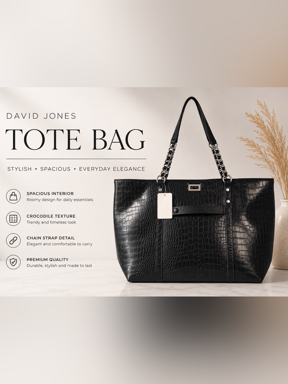 NWT David Jones Black Croc Embossed Oversized Tote Bag